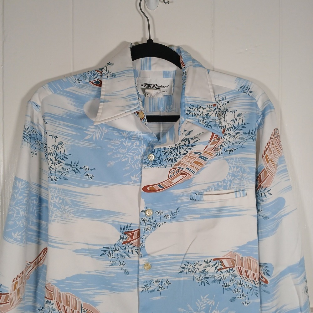Vintage Tori Richard Honolulu Mens Medium Hawaiian Boat Print Shirt Blue White
